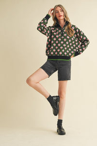 Black Olive Multi Floral Mock Neck Half Zip Pullover Sweater
