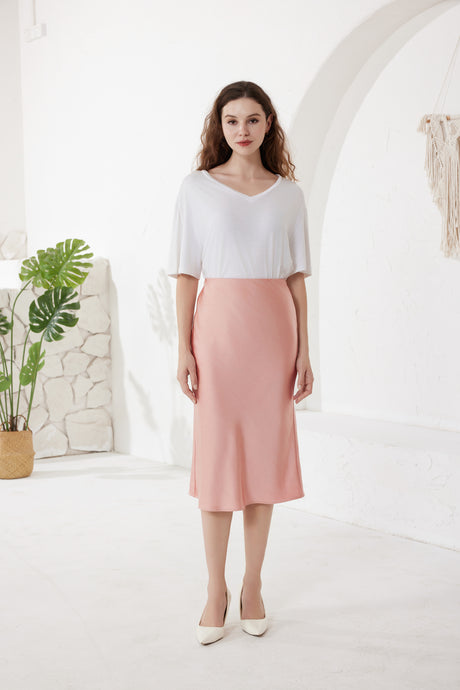 Rose Pink Slip Satin Midi Skirt