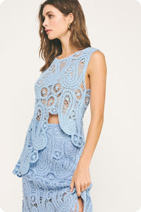 Chambray Asymmetric Scalloped Crochet Top And Skirt Set