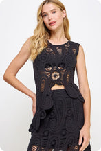 Black Asymmetric Scalloped Crochet Top And Skirt Set