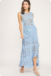 Chambray Asymmetric Scalloped Crochet Top And Skirt Set
