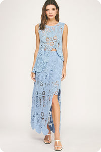 Chambray Asymmetric Scalloped Crochet Top And Skirt Set