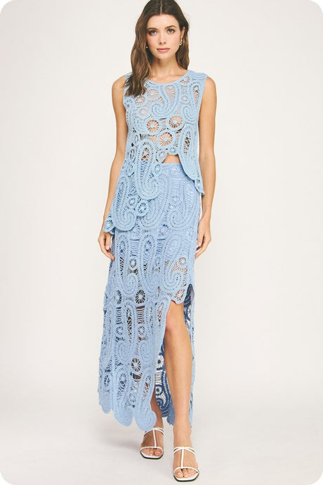 Chambray Asymmetric Scalloped Crochet Top And Skirt Set