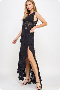 Black Asymmetric Scalloped Crochet Top And Skirt Set