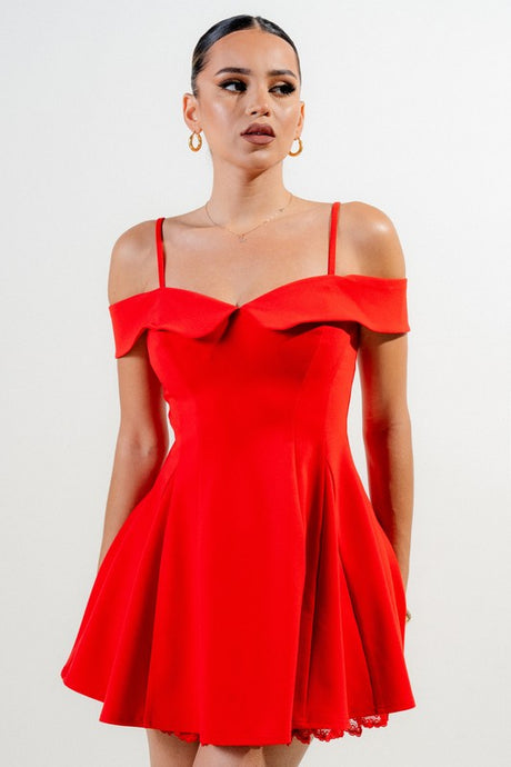Red Stretch Woven Off Shoulder Mini Dress