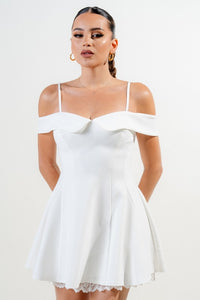 Off White Stretch Woven Off Shoulder Mini Dress