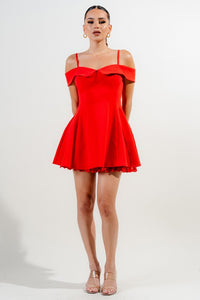 Red Stretch Woven Off Shoulder Mini Dress