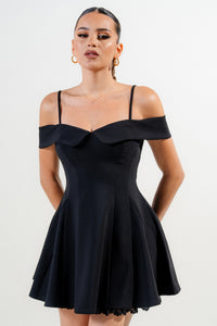 Black Stretch Woven Off Shoulder Mini Dress