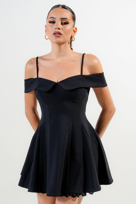 Black Stretch Woven Off Shoulder Mini Dress