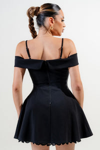 Black Stretch Woven Off Shoulder Mini Dress
