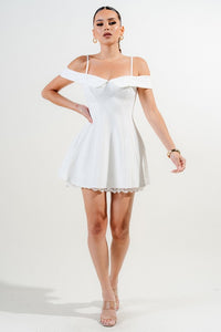 Off White Stretch Woven Off Shoulder Mini Dress