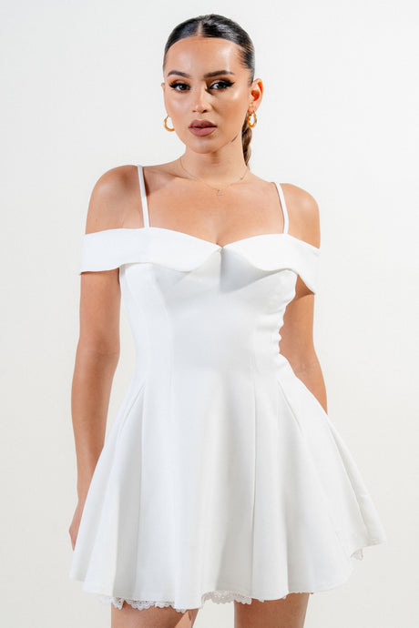 Off White Stretch Woven Off Shoulder Mini Dress