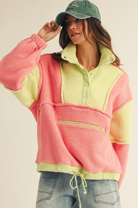 Neon Pink/Lime Fleece Zipper Front Hide Pocket Tee