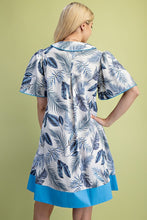 Blue Leaf Print Collared Mini Dress