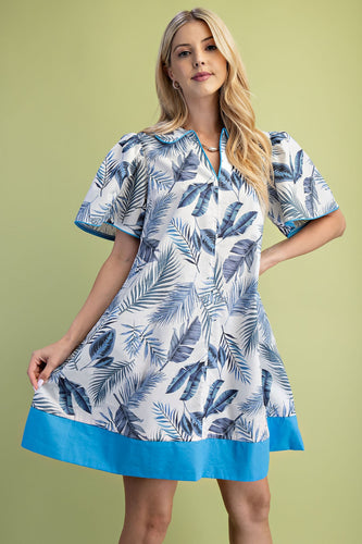Blue Leaf Print Collared Mini Dress