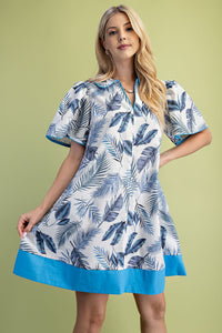 Blue Leaf Print Collared Mini Dress