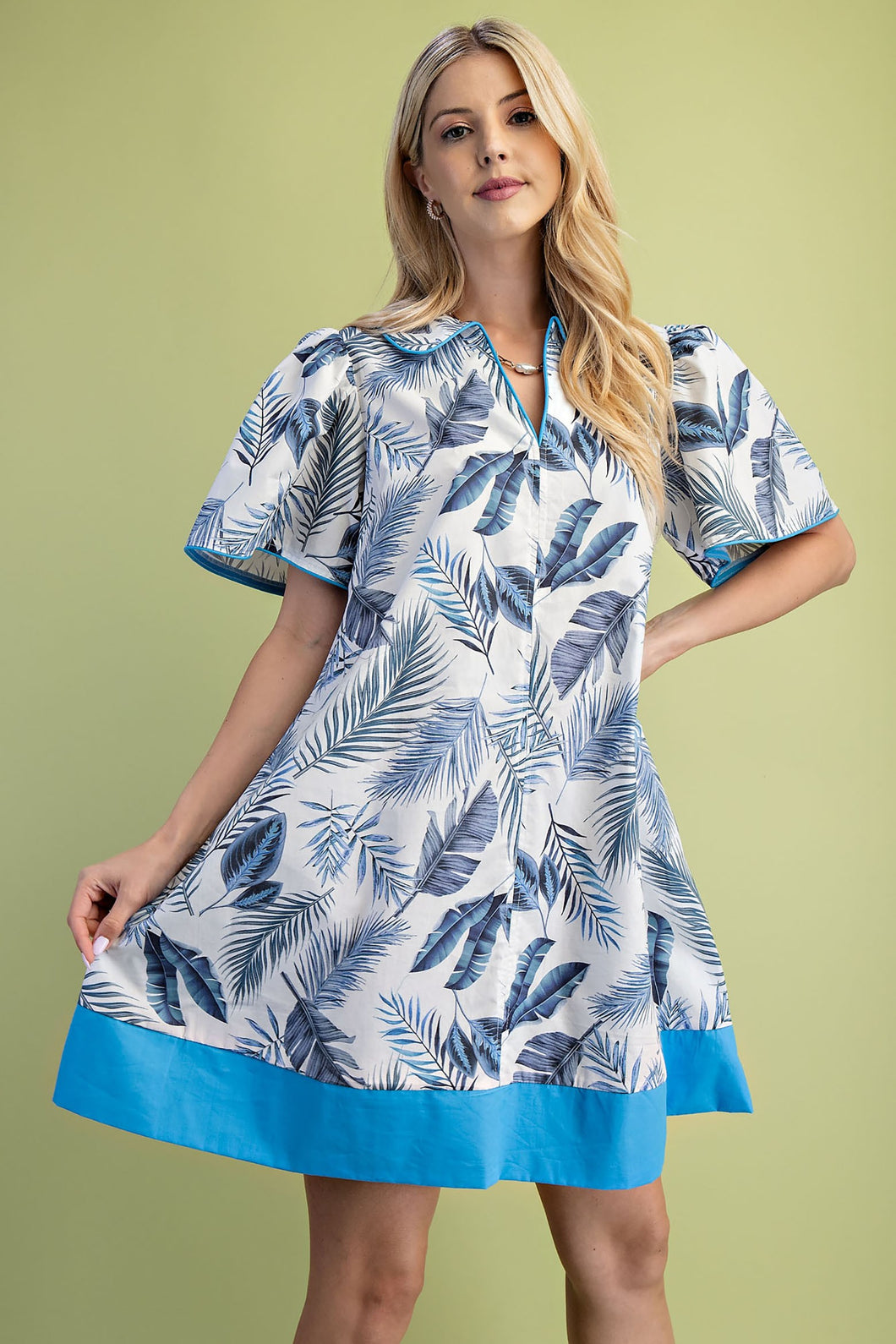 Blue Leaf Print Collared Mini Dress