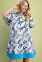 Blue Leaf Print Collared Mini Dress