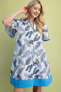 Blue Leaf Print Collared Mini Dress