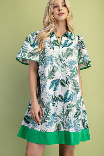 Green Leaf Print Collared Mini Dress (Copy)
