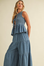 Denim Smocked Sleeveless Peplum Top And Wide Pants