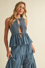 Denim Smocked Sleeveless Peplum Top And Wide Pants