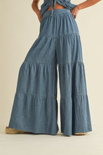 Denim Smocked Sleeveless Peplum Top And Wide Pants