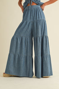 Denim Smocked Sleeveless Peplum Top And Wide Pants