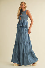 Denim Smocked Sleeveless Peplum Top And Wide Pants
