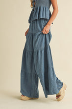Denim Smocked Sleeveless Peplum Top And Wide Pants