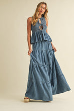 Denim Smocked Sleeveless Peplum Top And Wide Pants