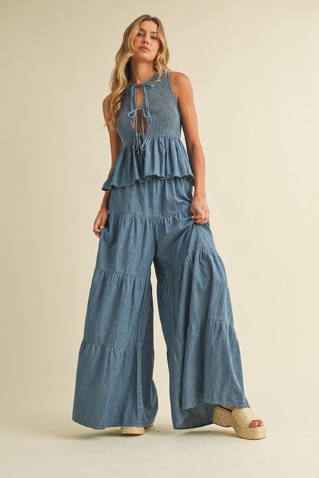 Denim Smocked Sleeveless Peplum Top And Wide Pants