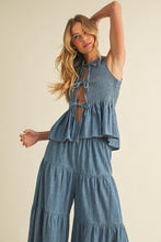 Denim Smocked Sleeveless Peplum Top And Wide Pants