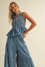 Denim Smocked Sleeveless Peplum Top And Wide Pants