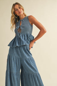 Denim Smocked Sleeveless Peplum Top And Wide Pants
