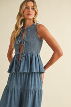 Denim Smocked Sleeveless Peplum Top And Wide Pants