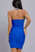 Royal Blue Crystal Embroidered Halter Neck Mini Bandage Dress