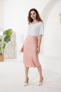 Rose Pink Slip Satin Midi Skirt