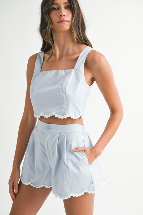 Blue Scallop Floral Trim Hem Crop Top And Shorts Set