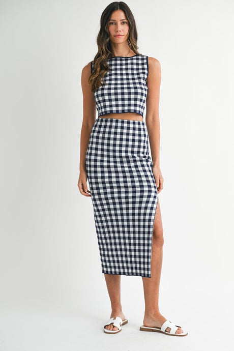 Dk Navy Gingham Plaid Knit Crop Top And Midi Skirt Set