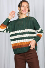 Hunter Green Crew Neck Long Sleeve Multi Striped Sweater