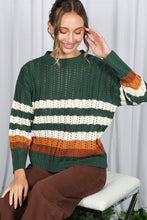 Hunter Green Crew Neck Long Sleeve Multi Striped Sweater