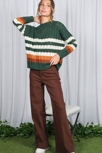 Hunter Green Crew Neck Long Sleeve Multi Striped Sweater