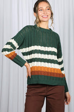 Hunter Green Crew Neck Long Sleeve Multi Striped Sweater
