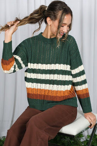 Hunter Green Crew Neck Long Sleeve Multi Striped Sweater