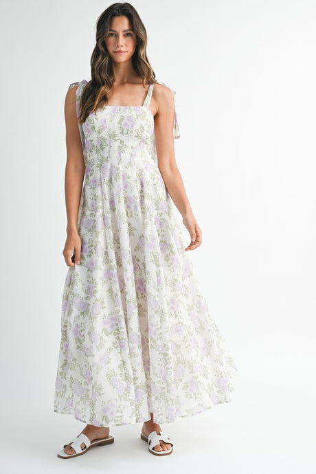 Lavender Floral Print Square Neckline Self Tie Maxi Dress
