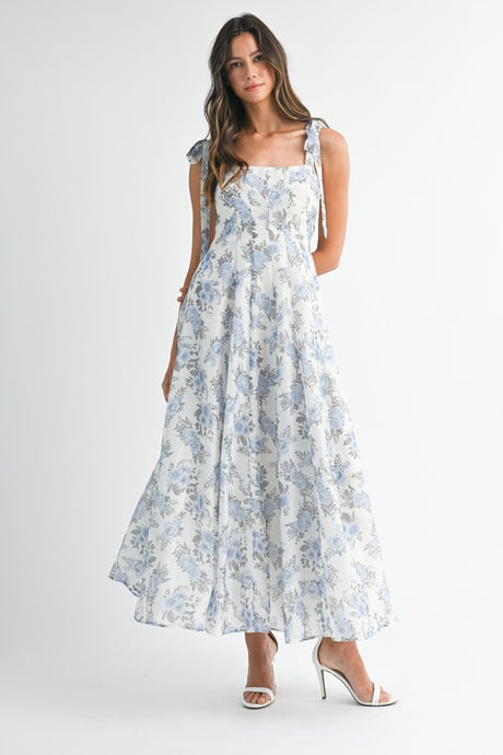 Blue Floral Print Square Neckline Self Tie Maxi Dress
