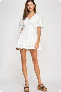 Off White Top Stitch Detail Mini Dress