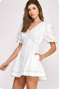 Off White Top Stitch Detail Mini Dress