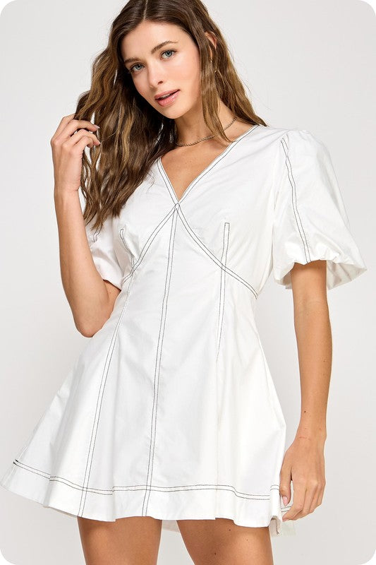 Off White Top Stitch Detail Mini Dress